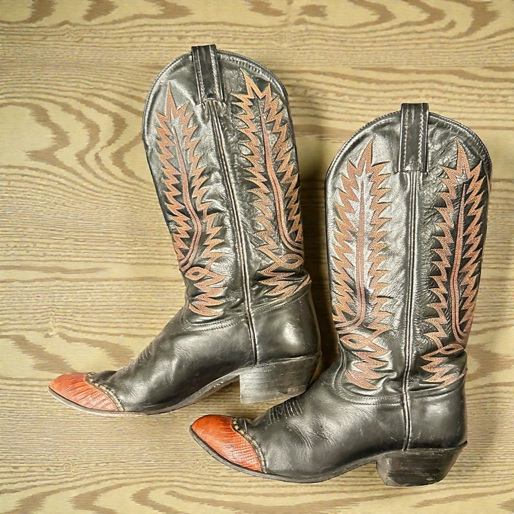 Tony Lama Black and Brown Leather Western Heeled Boots - Picture 2 of 7